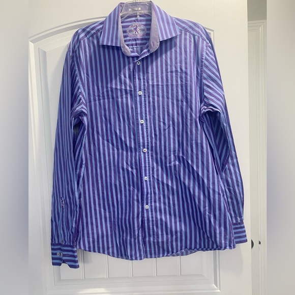 Mens Bugatchi button down shirt Purple blue stripes size large shape fit - Picture 1 of 11